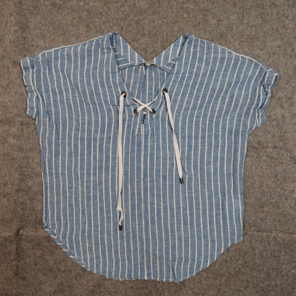 Rails Top Womens Small Jeri Linen St Germain Stripe Blue Beachy Lace Up Tie